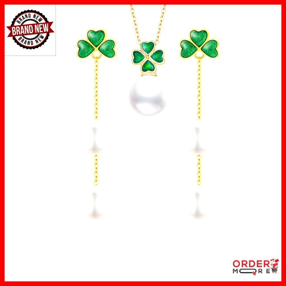 14k Gold Four Leaf Clover Pearl Necklace Earrings Set Women's Jewelry